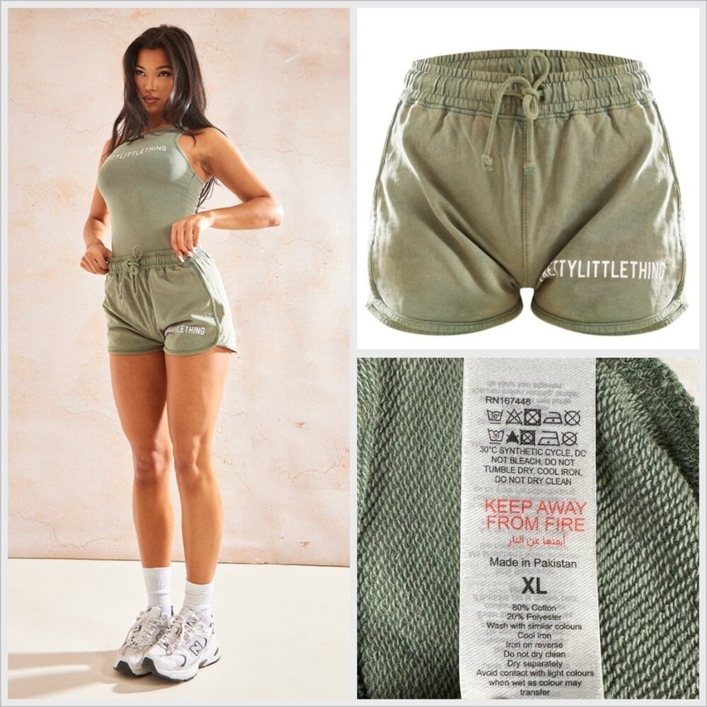 PrettyLittleThing Womens Khaki Washed High Waisted Runner Shorts Sz XL NWT - Picture 6 of 7
